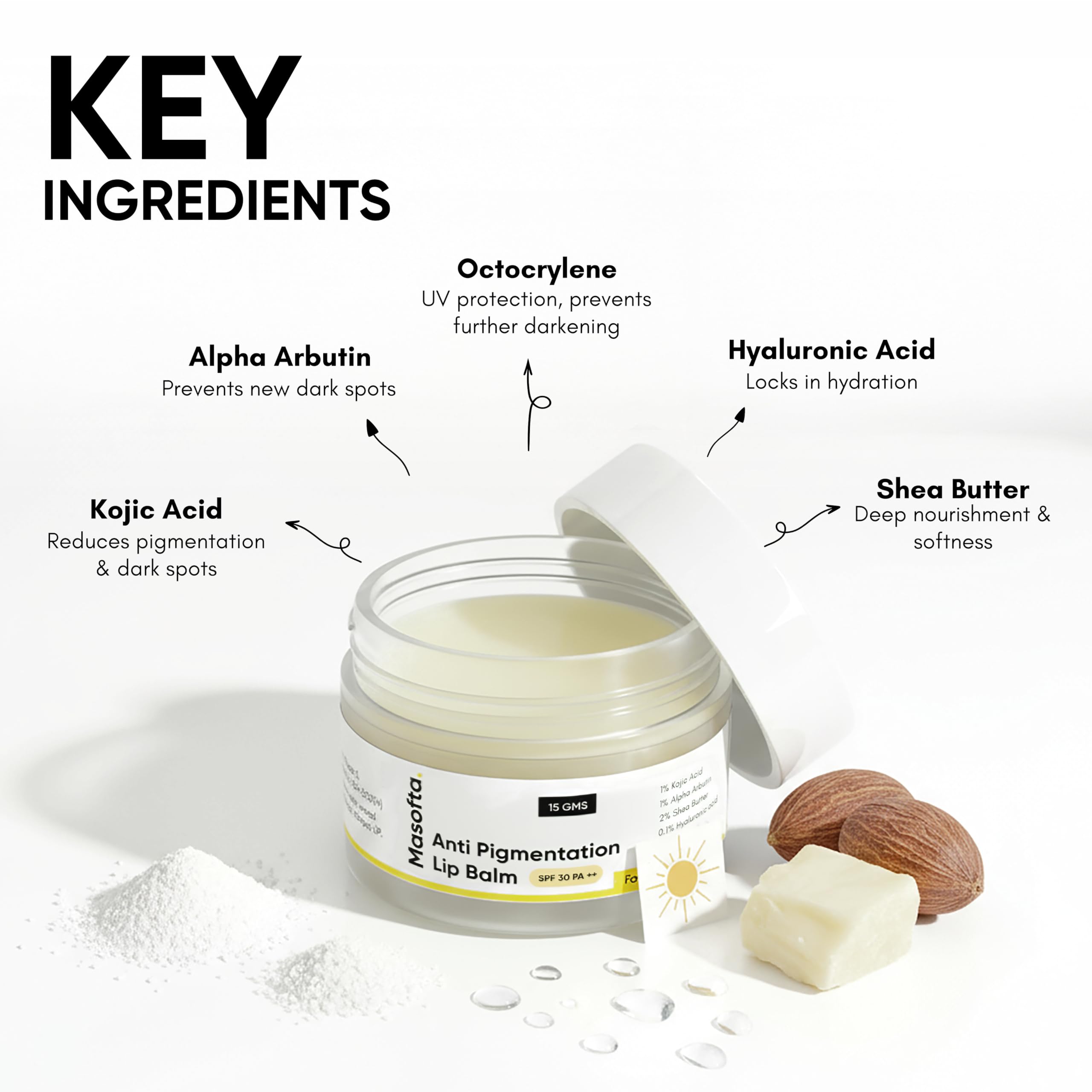Masofta kojic-acid lip balm close-up illustrating radiant lip tone.