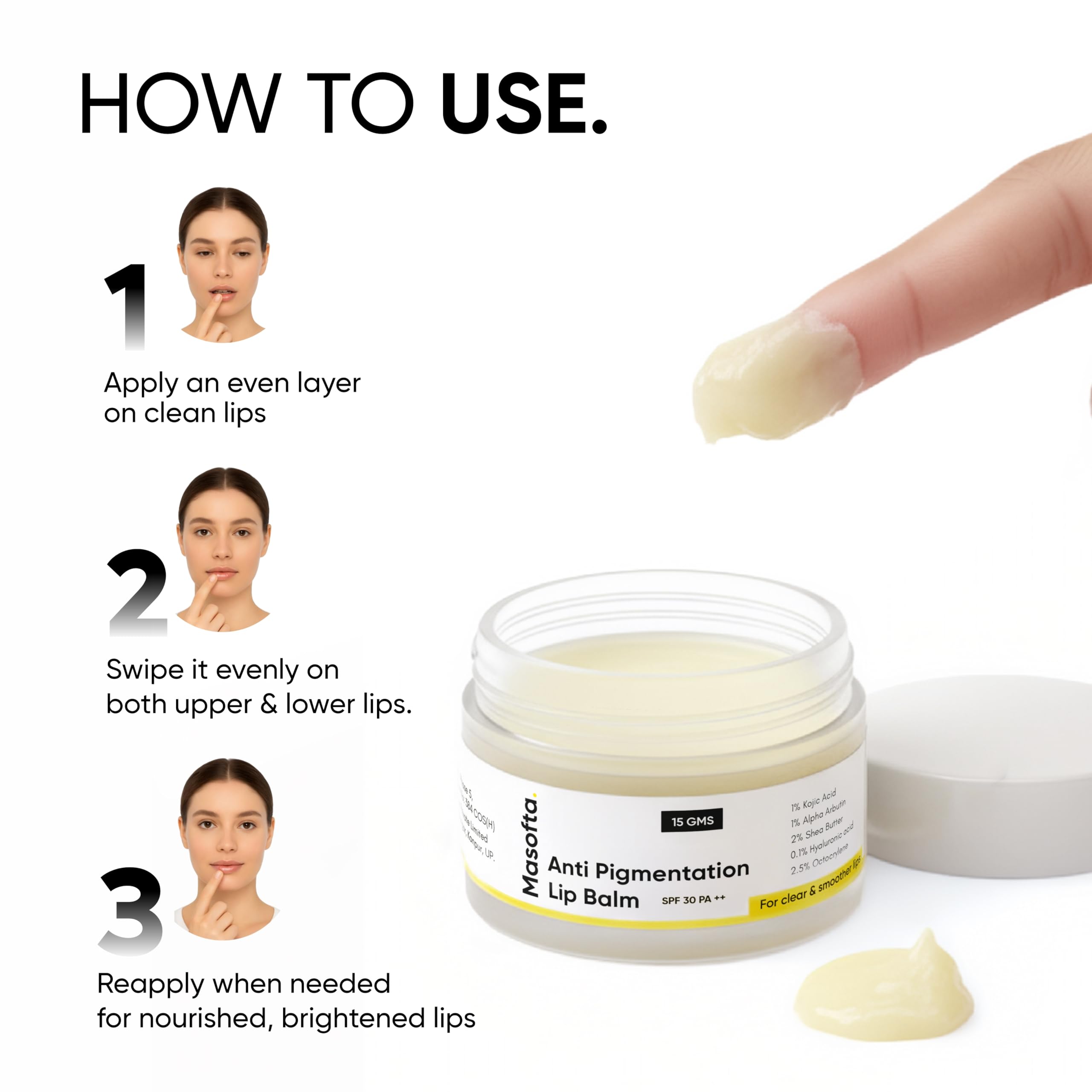 Masofta SPF-30 PA lip balm sun-protection graphic.