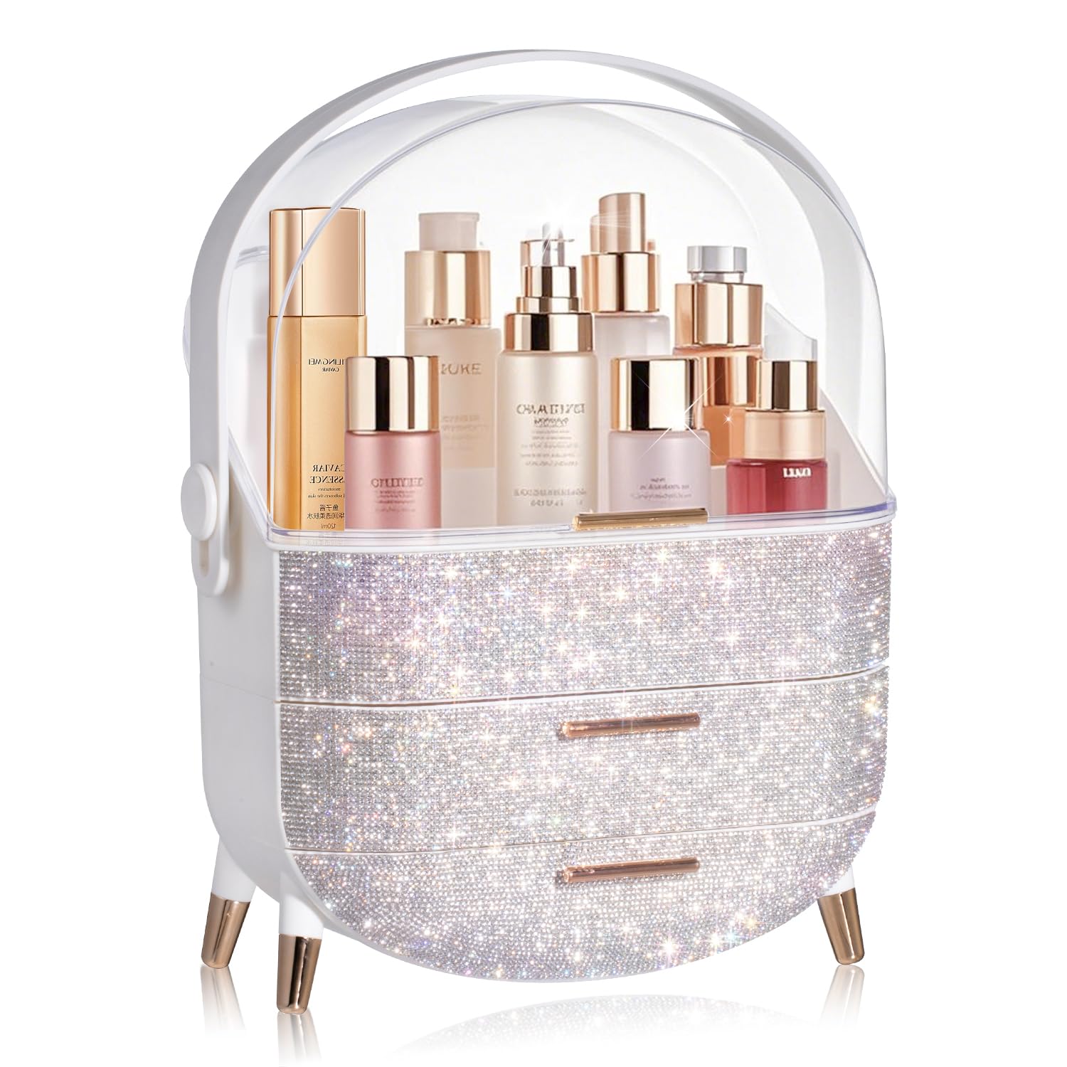 MASSY Egg Shape makeup storage top compartment keeps tall bottles organized for easy access