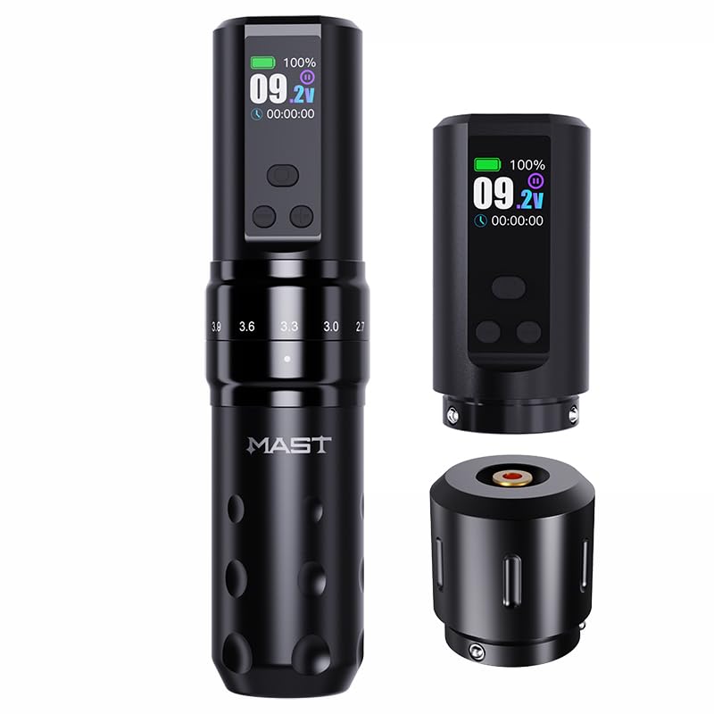 MAST TATTOO Fold2 Pro tattoo gun angled hold enabling precise line work during sessions.
