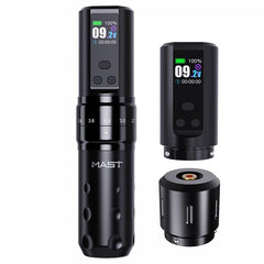 MAST TATTOO Fold2 Pro tattoo gun angled hold enabling precise line work during sessions.