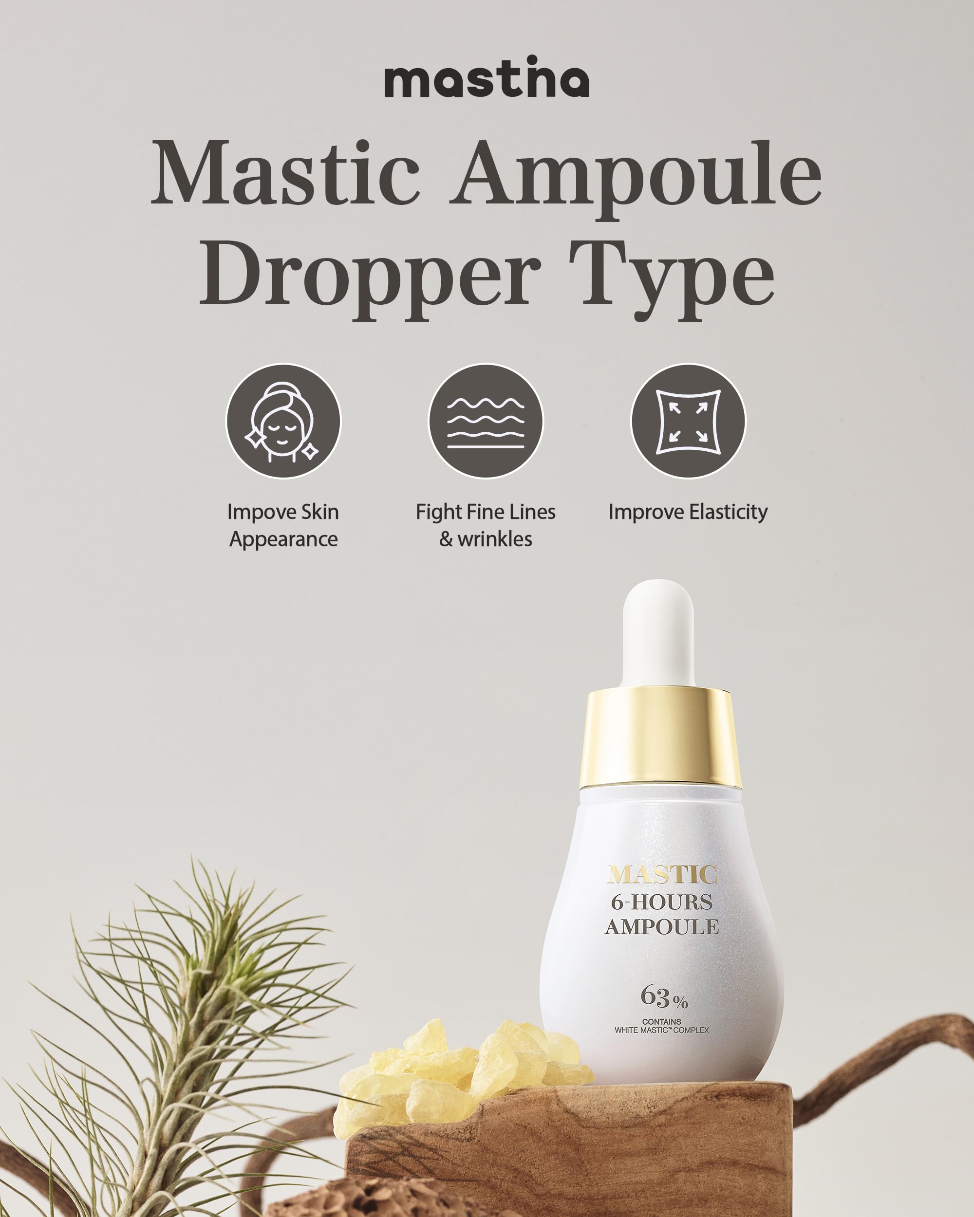 MASTINA Close-up reveals White Mastic Complex ingredients for nourishing care.