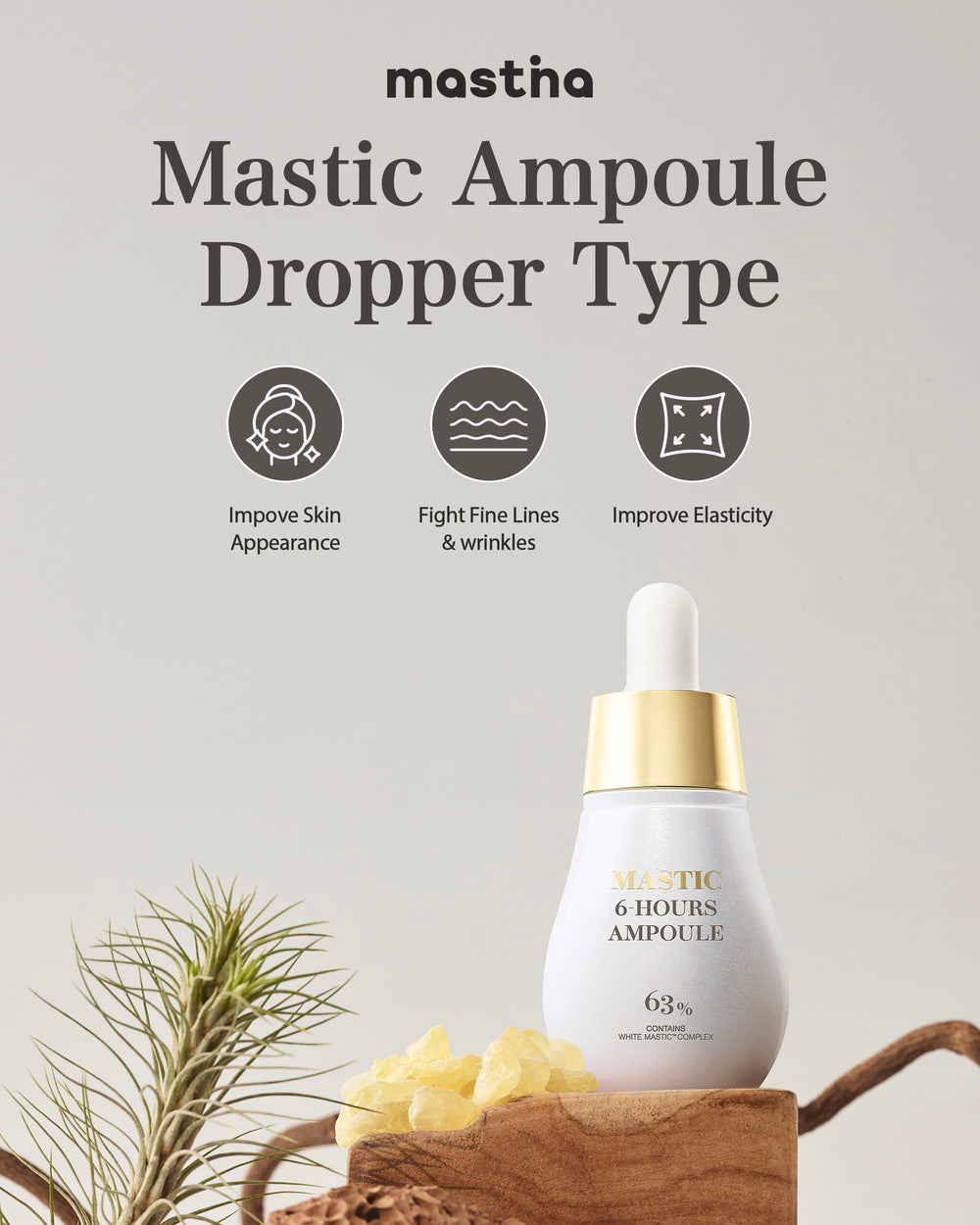 MASTINA Close-up reveals White Mastic Complex ingredients for nourishing care.