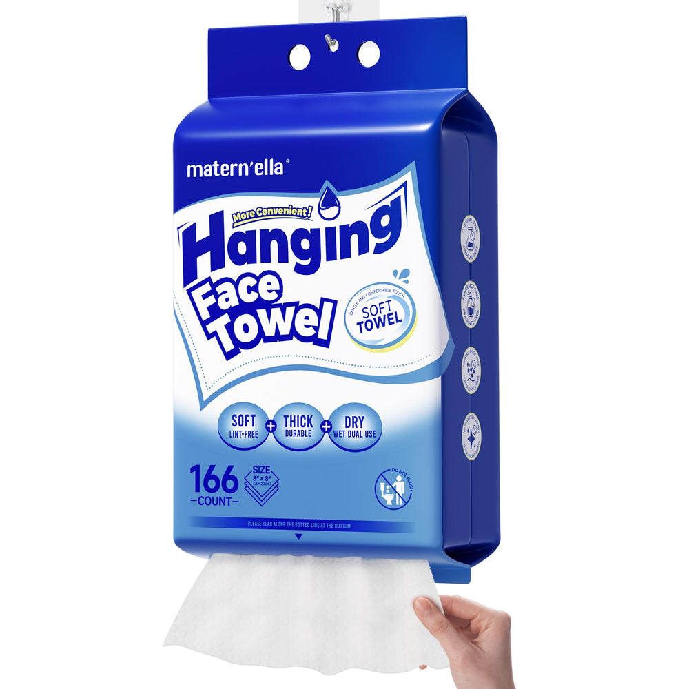 Matern'ella hanging dry wipes front-pack provide gentle makeup removal with soft, absorbent texture.