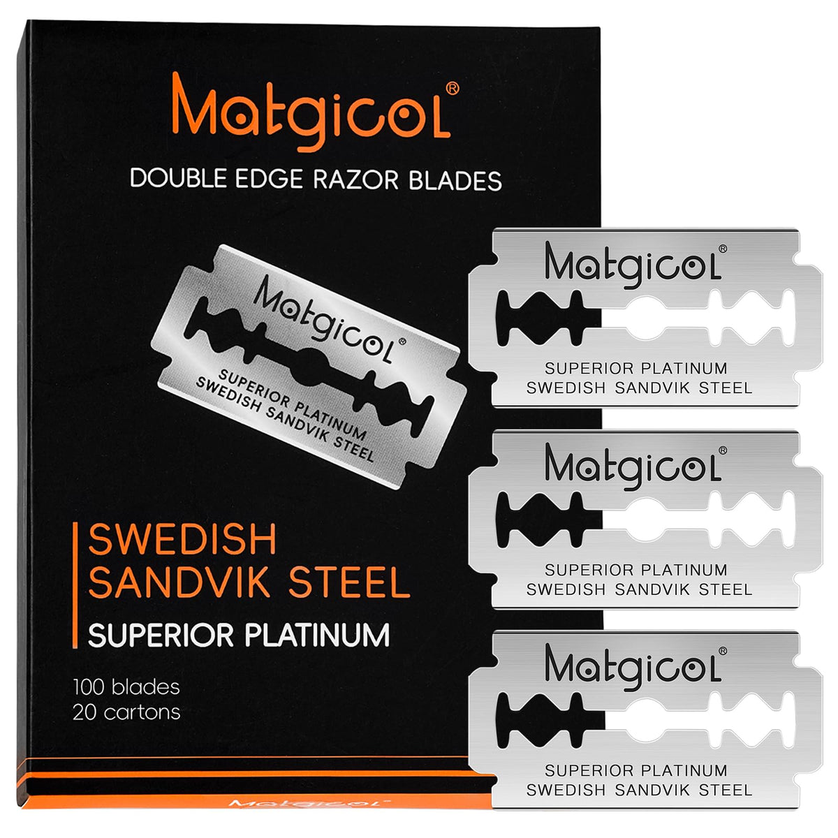 MATGICOL double-edge blades reveal platinum-coated Swedish steel for lasting sharpness
