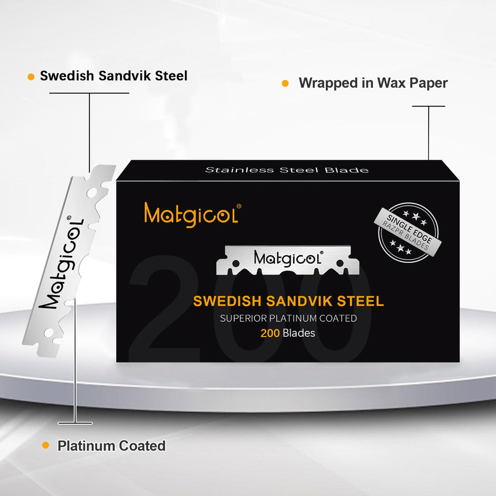 MATGICOL Swedish stainless steel blades offer lasting sharpness and corrosion resistance for consistent shaves.