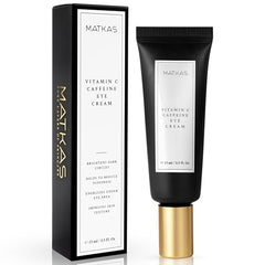 MATKAS Korean Vitamin C Caffeine Eye Cream tube highlights brightening under-eye care.