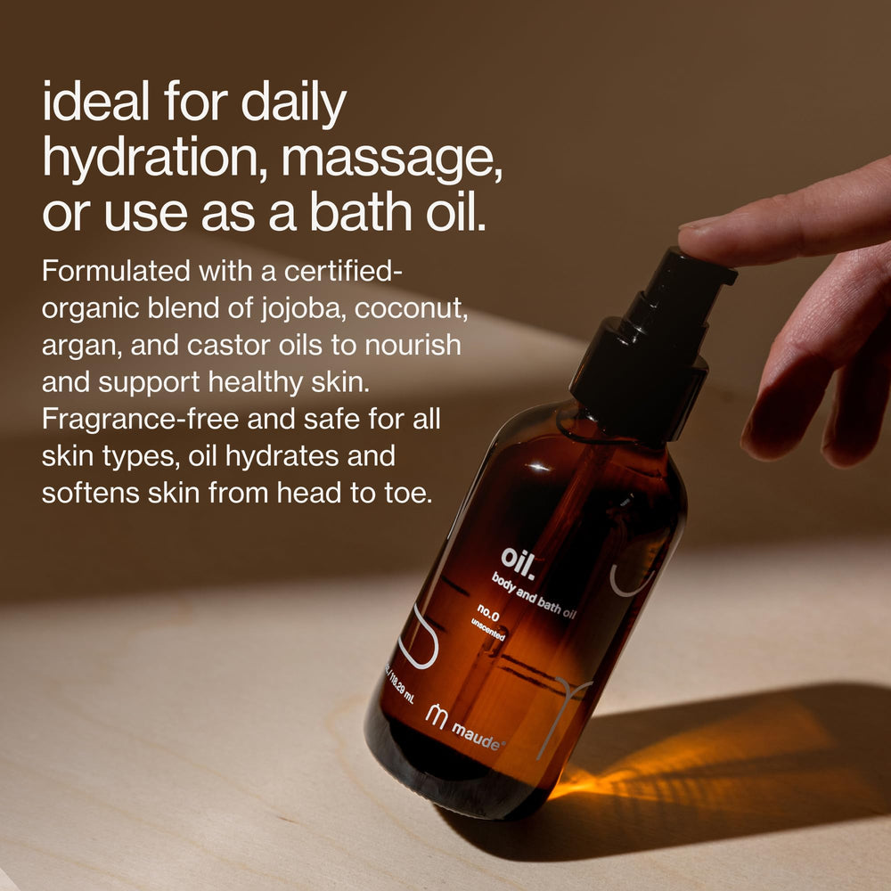 Maude Oil No. 0 pump-dispense demonstrates unscented massage oil for skin-softening routines