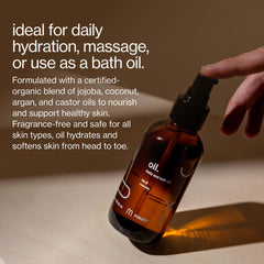 Maude Oil No. 0 pump-dispense demonstrates unscented massage oil for skin-softening routines