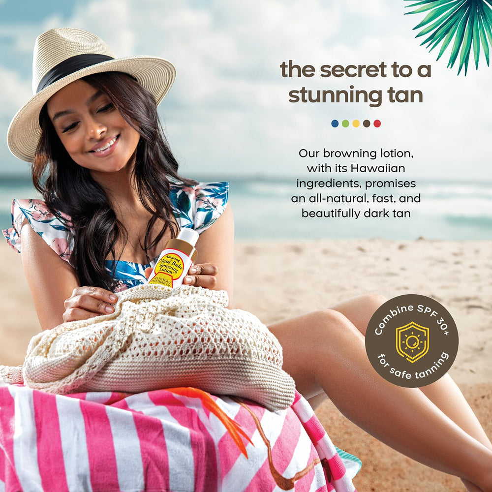 Maui Babe Browning Lotion ingredients graphic emphasizes natural Hawaiian vitamins.