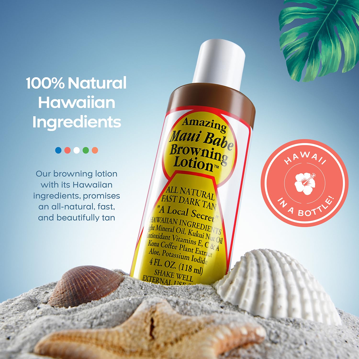 Maui Babe Browning Lotion label highlights vitamins and antioxidants for skin nourishment.