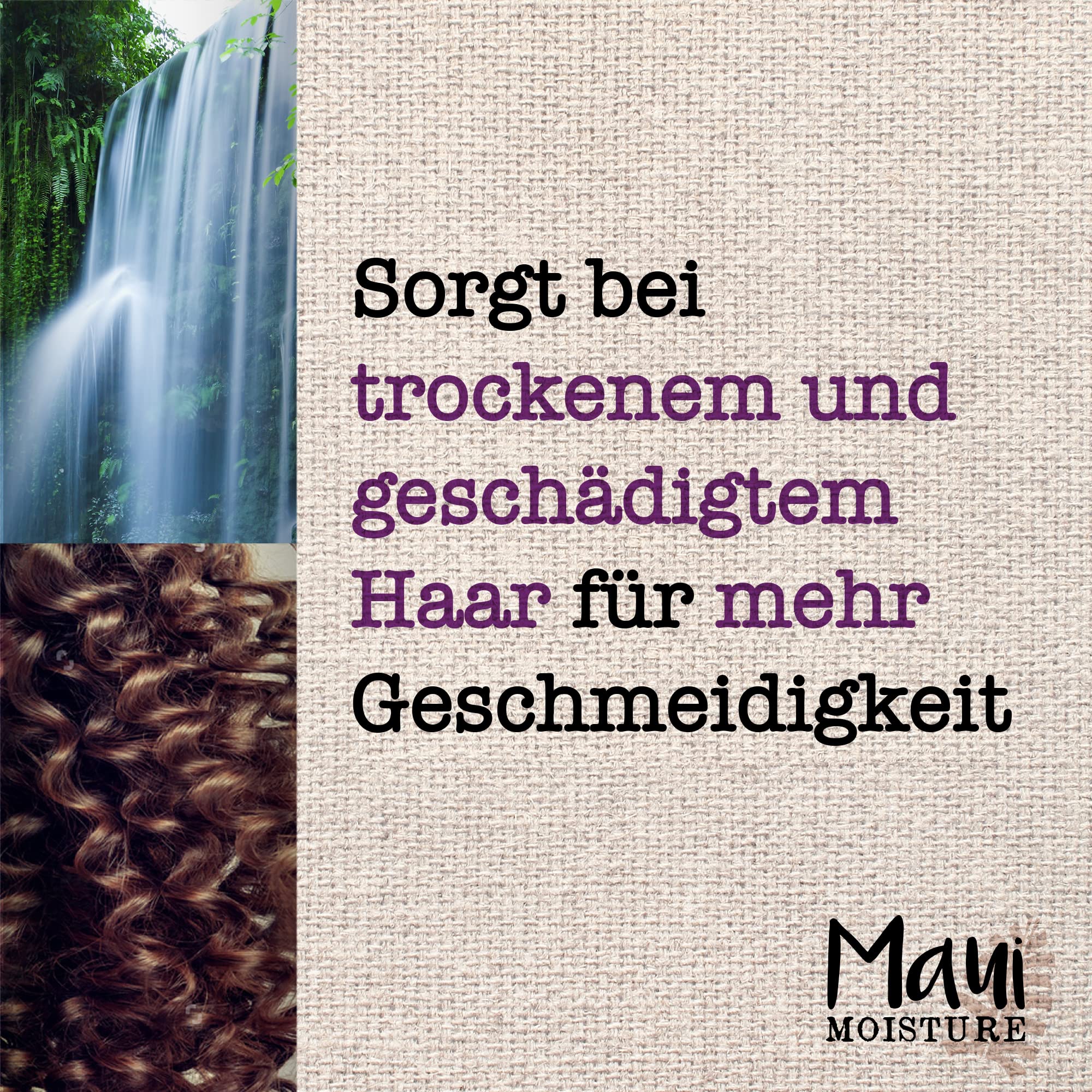 Maui Moisture Coconut and Macadamia oils nourish dry strands.