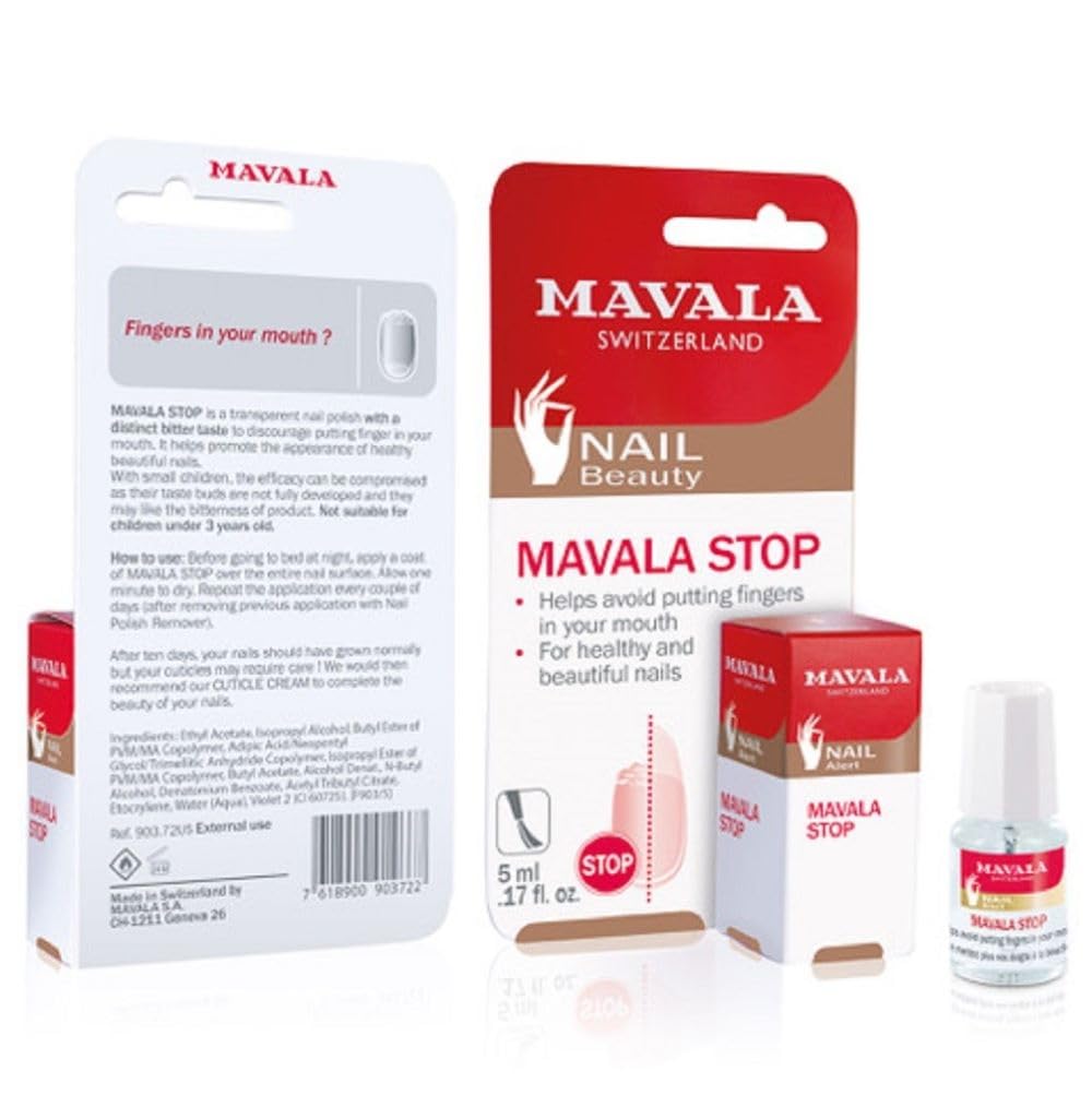 Mavala Stop bottle close-up showing deterrent polish for healthier nails.