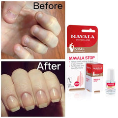 Mavala Stop clear enamel on nail highlights a discreet protective layer.