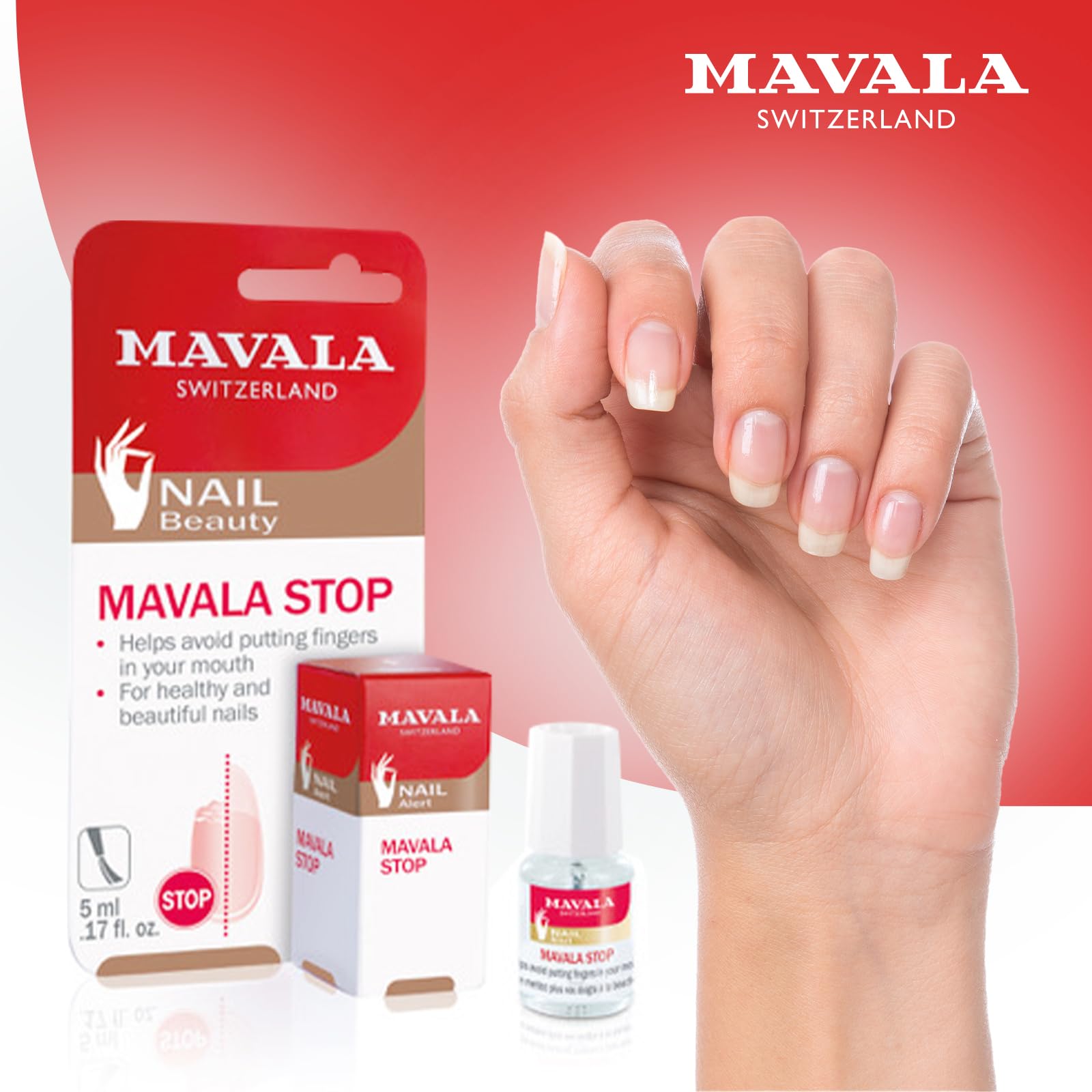 Mavala Stop dentist-recommendation label builds trust in nail care routines.