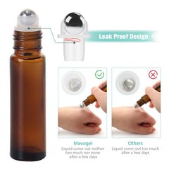 Mavogel amber 10ml roller bottle leakproof design highlights built-in gaskets for controlled dispensing.