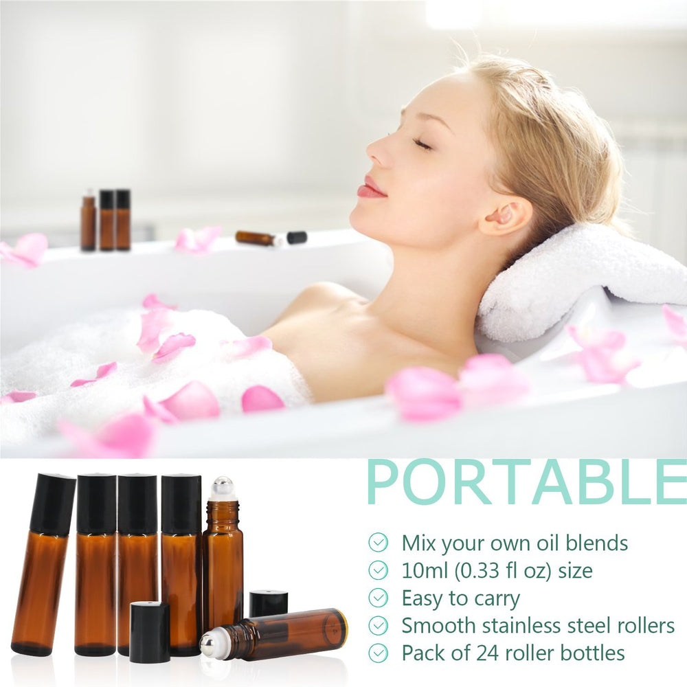 Mavogel amber 10ml roller bottles collection, including brushes and droppers, supports clean, precise filling.