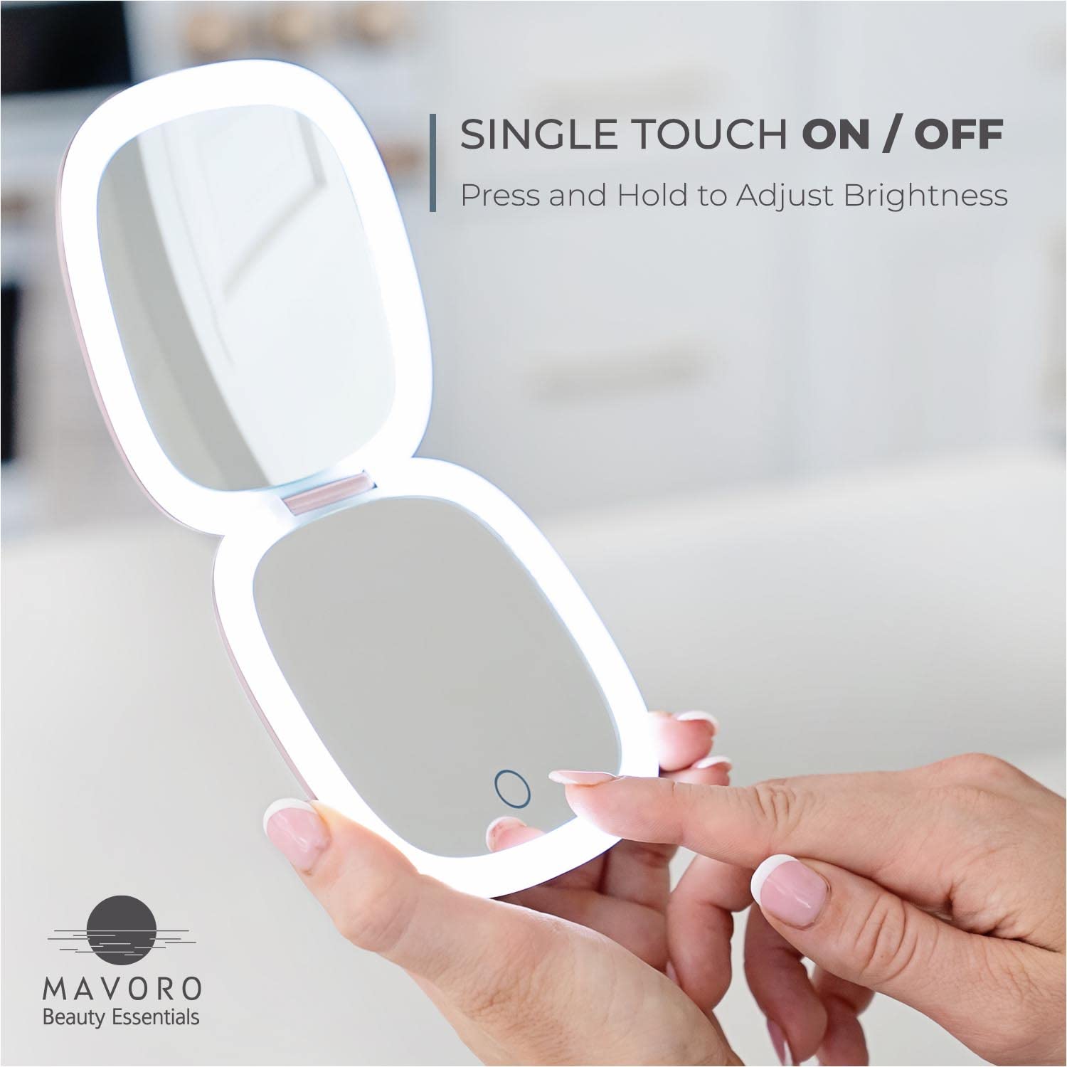 Mavoro LED travel mirror 10x detail for close inspection of lashes and brows