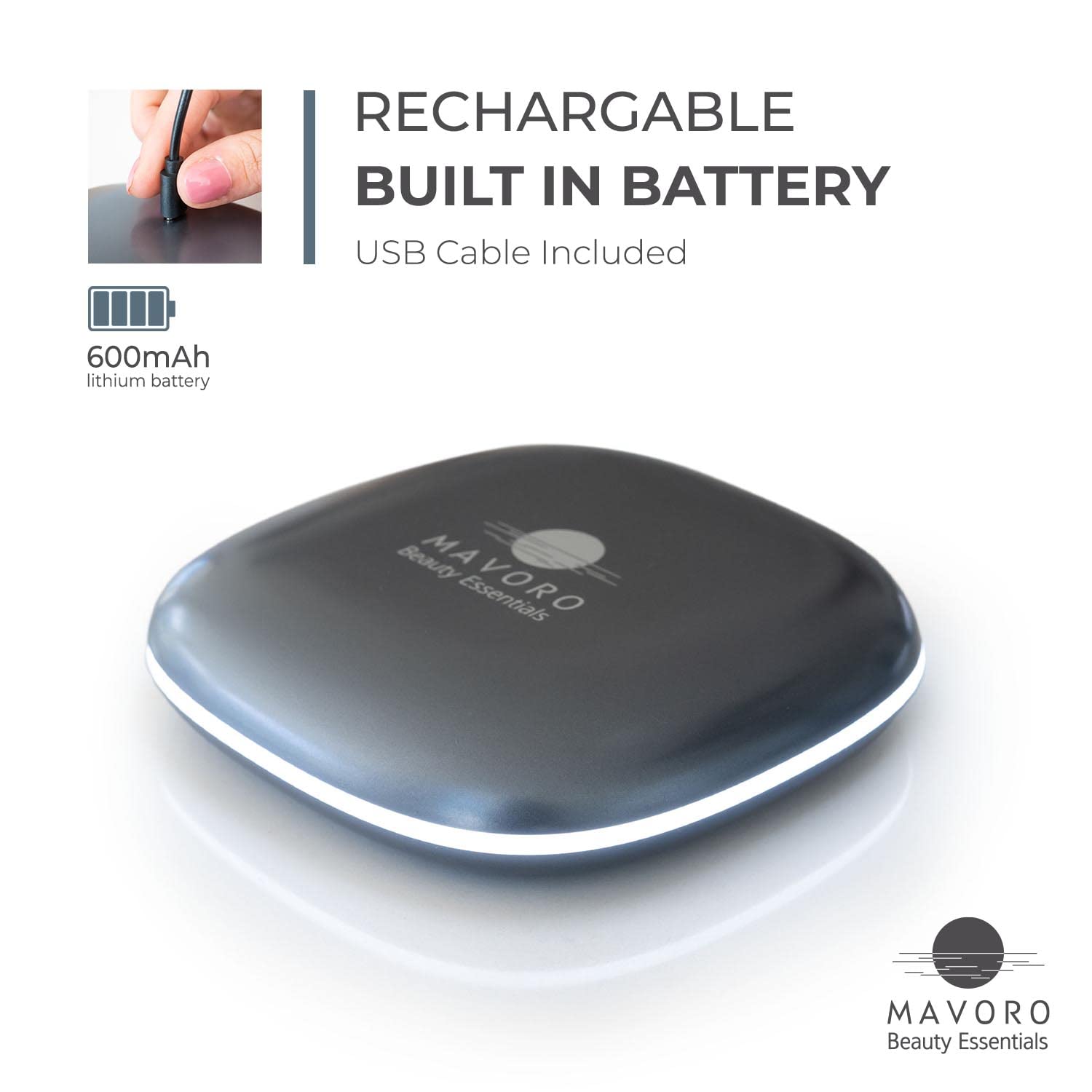 Mavoro LED travel mirror USB-C rechargeable with built-in battery for reliable power.