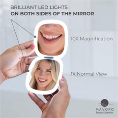 Mavoro pocket-size lighted mirror fits purse for quick makeup checks.
