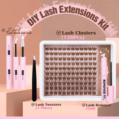 Mavphnee Brown Lash Cluster Kit contents image highlights 120 pieces for full coverage and replacements.