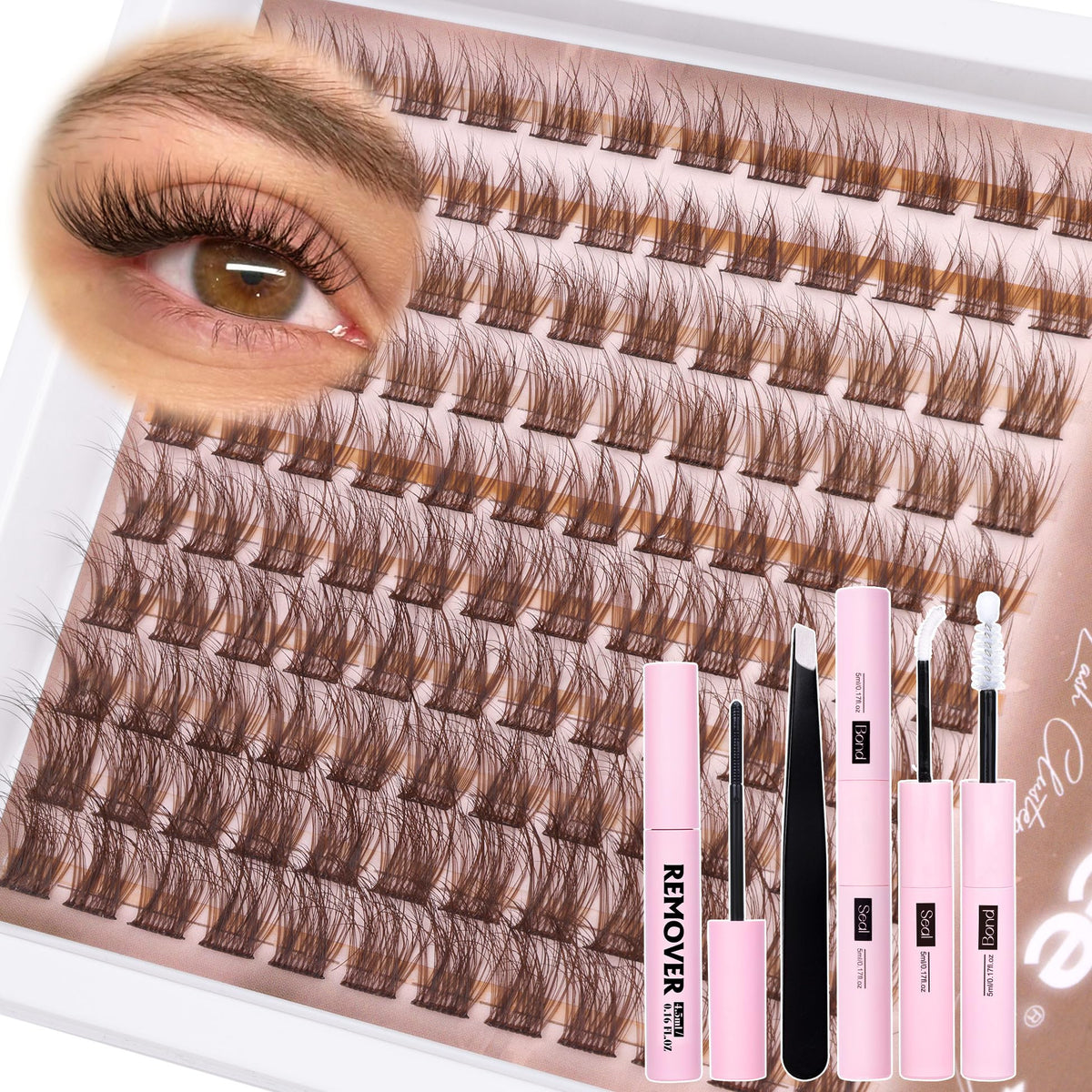 Mavphnee Brown Lash Cluster Kit packaging image shows an all-in-one set for easy at-home applications.