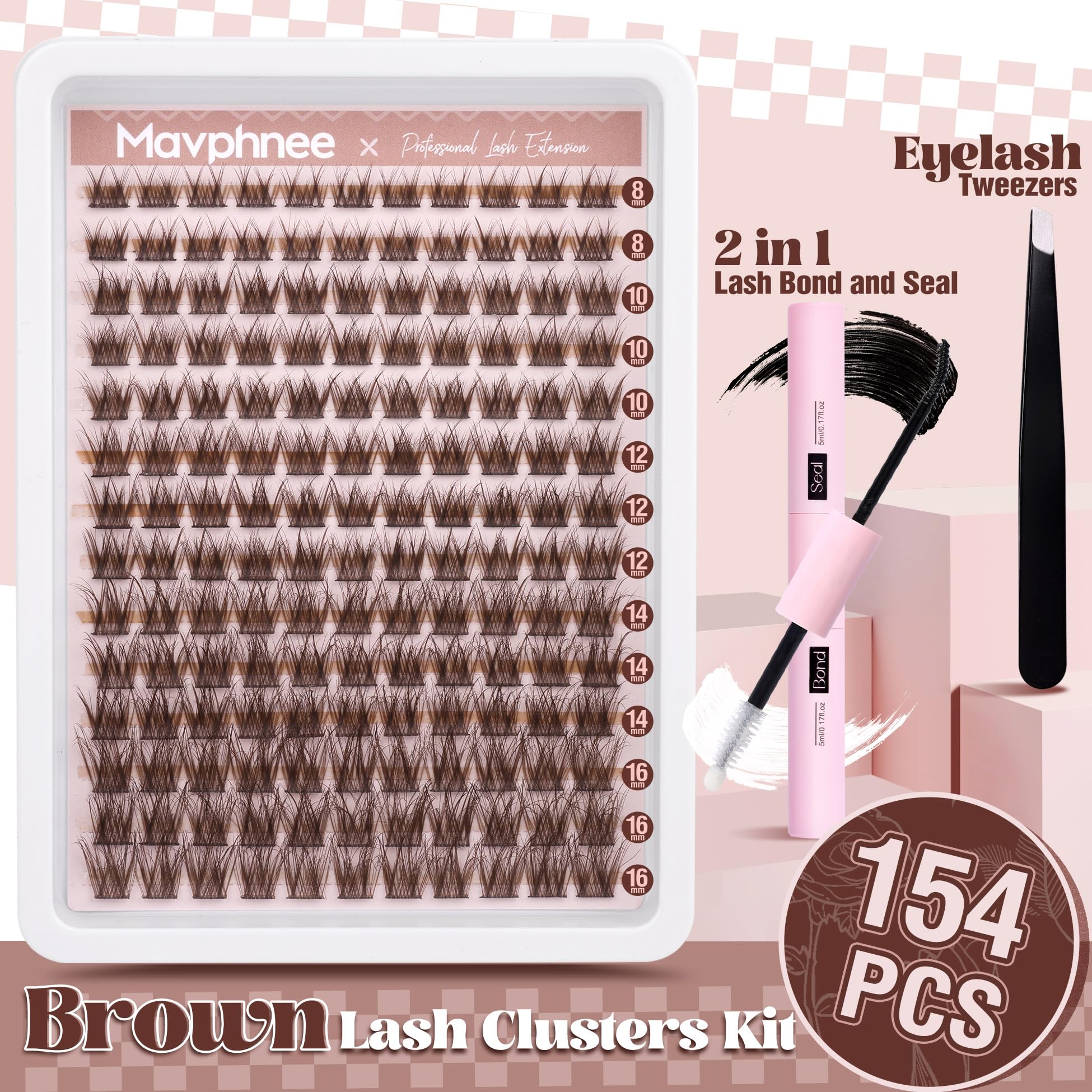 Mavphnee brown lash clusters complete kit with bond and seal glue for secure wear.