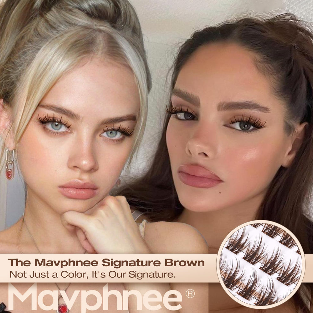 Mavphnee brown lash clusters kit closeup reveals feathery wisps blending with natural lashes