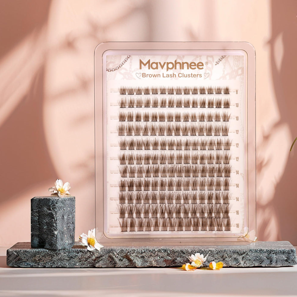 Mavphnee brown lash clusters kit components laid out for a complete at-home kit.