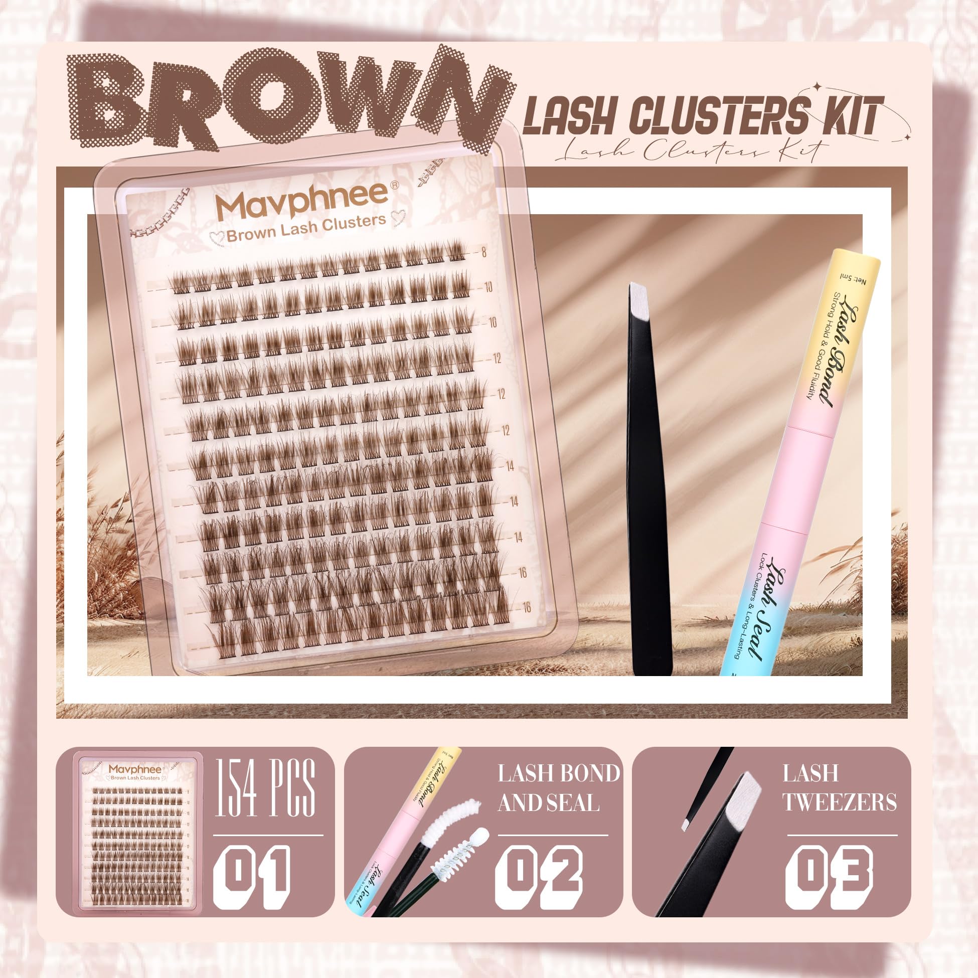 Mavphnee brown lash clusters close-up showing fluffy wisps for natural volume.