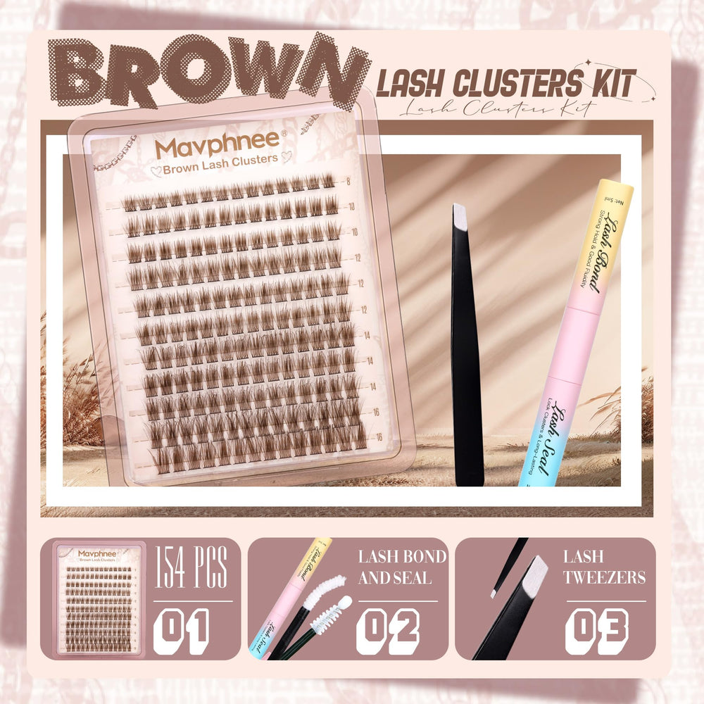 Mavphnee brown lash clusters close-up showing fluffy wisps for natural volume.