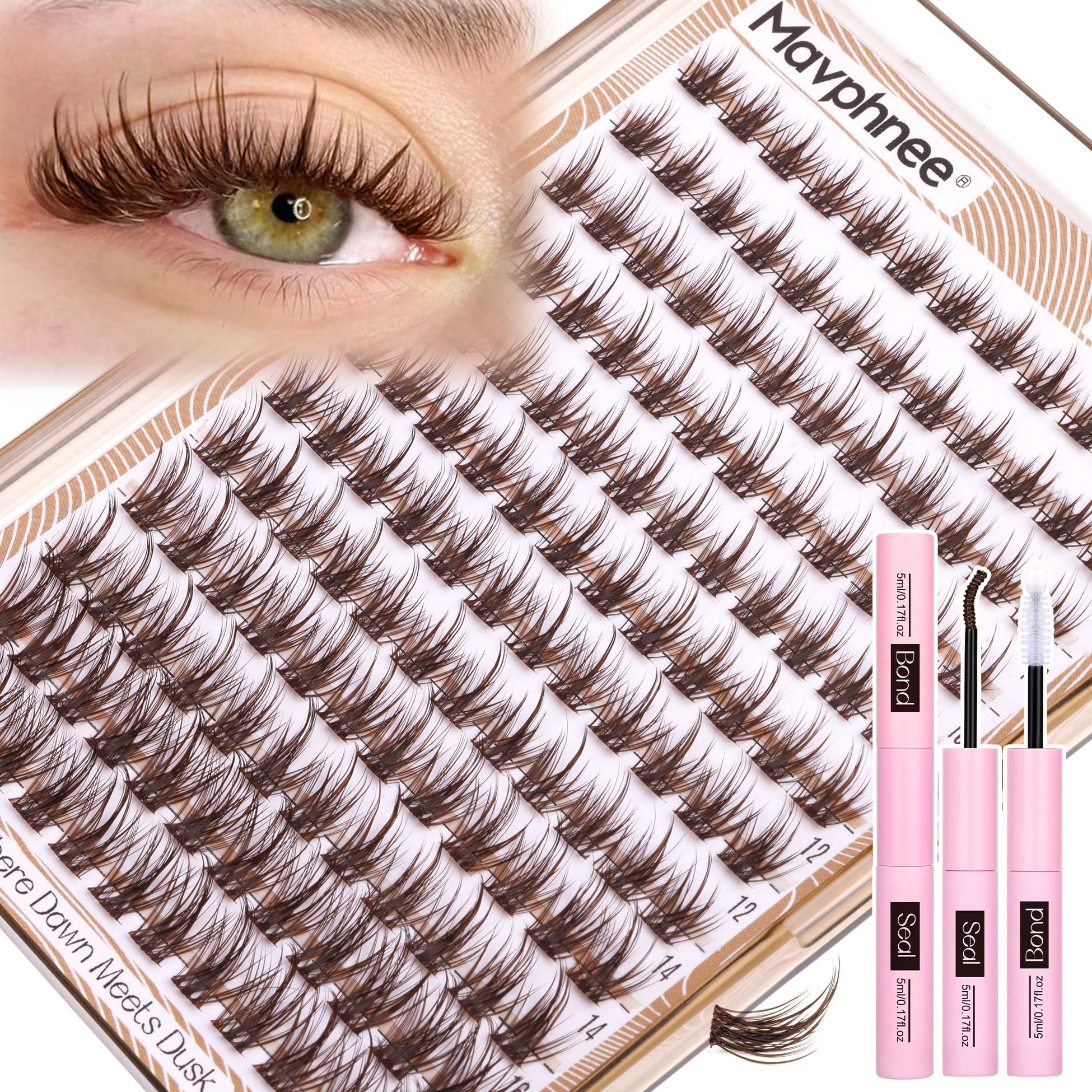 Mavphnee brown lash clusters kit packaging shows all-in-one set for home eyelash styling