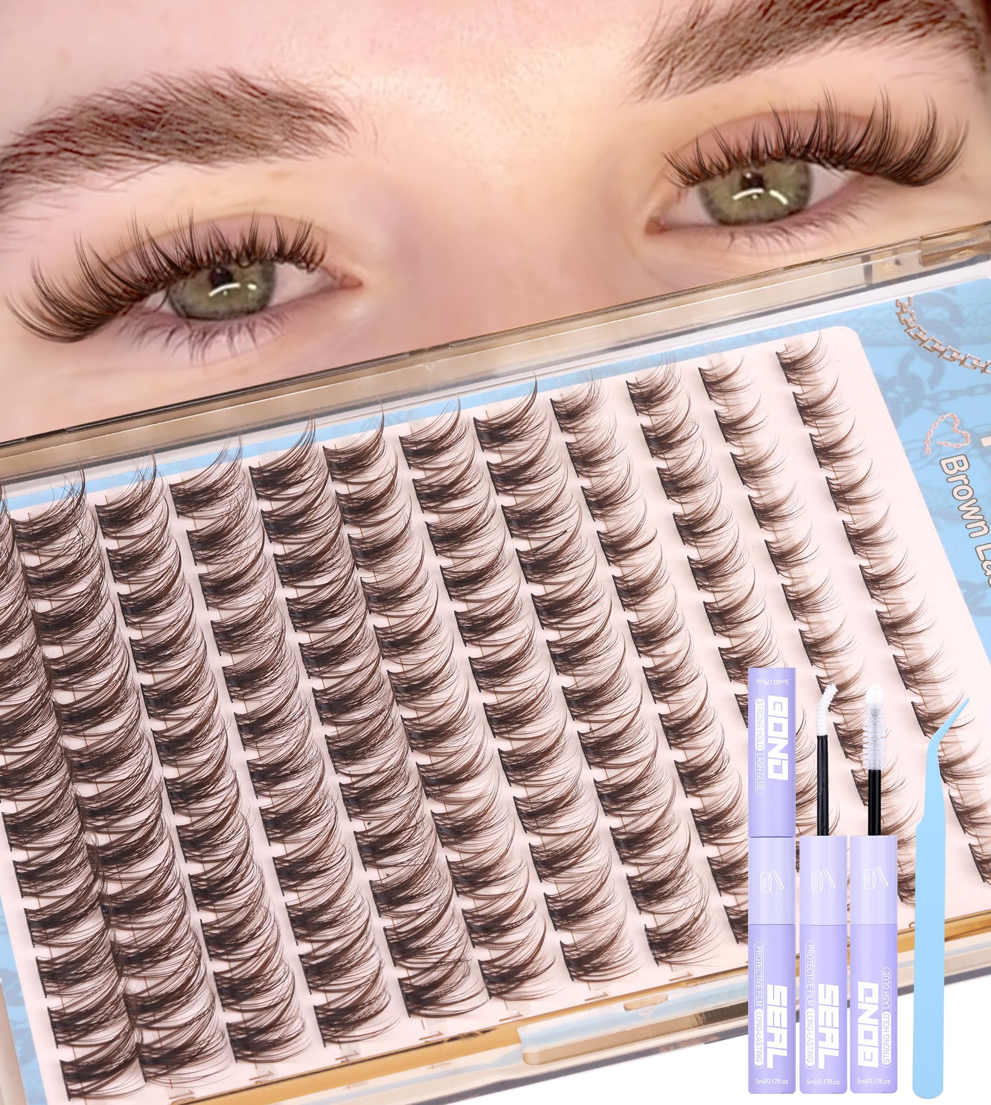 Mavphnee brown lash clusters kit ready for at-home DIY lash extensions with natural-looking results.