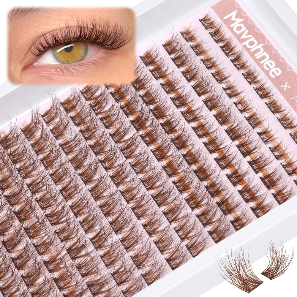Mavphnee front packaging showing warm brown cluster lashes and quantity benefit