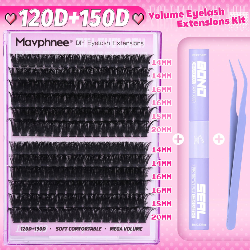 Mavphnee Lash Clusters Kit 120D and 150D density options for customizable volume.