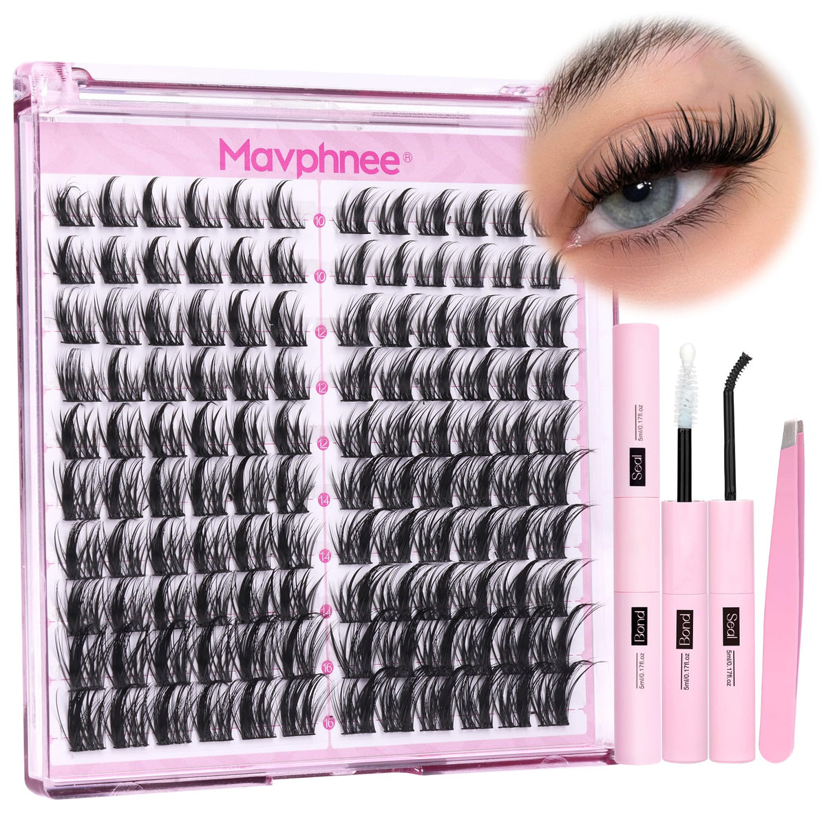 Mavphnee natural lash clusters kit contents for at-home salon-quality lashes.