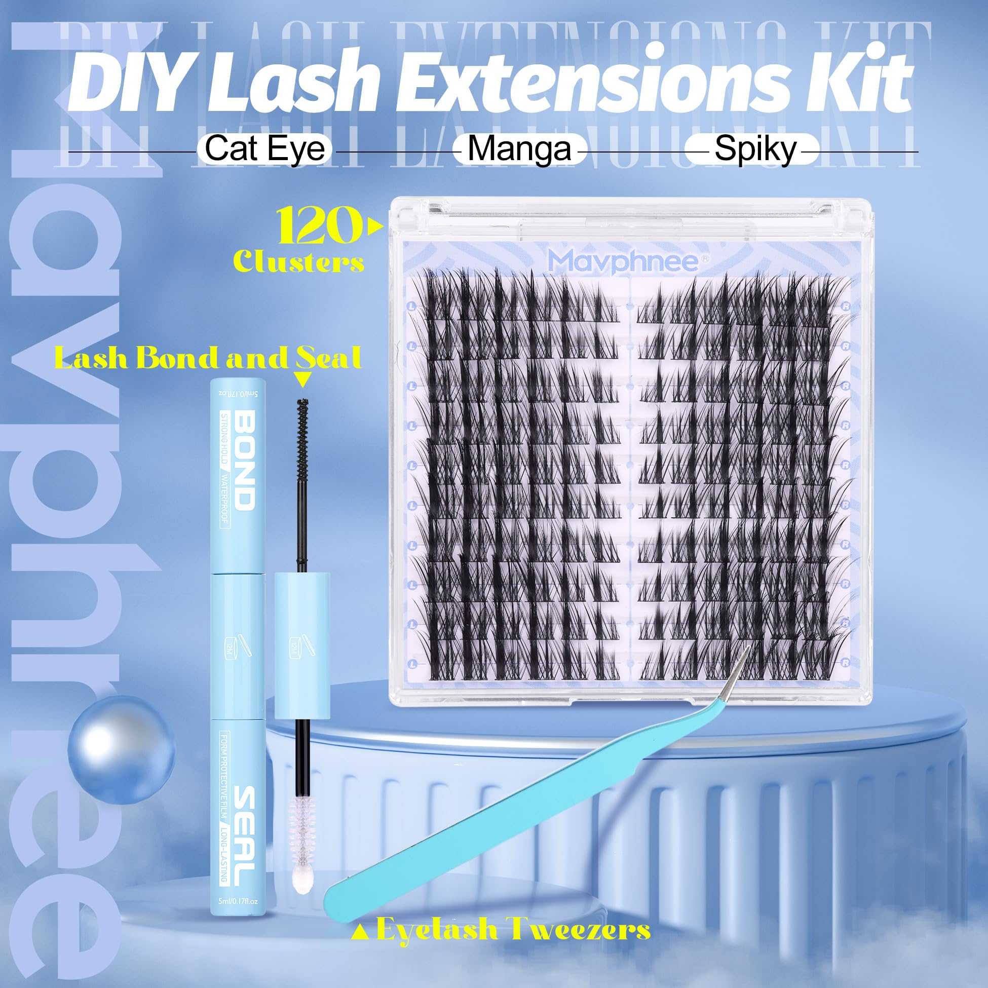 Mavphnee spiky cluster lashes arranged for left and right eyes enable a symmetrical cat-eye look.