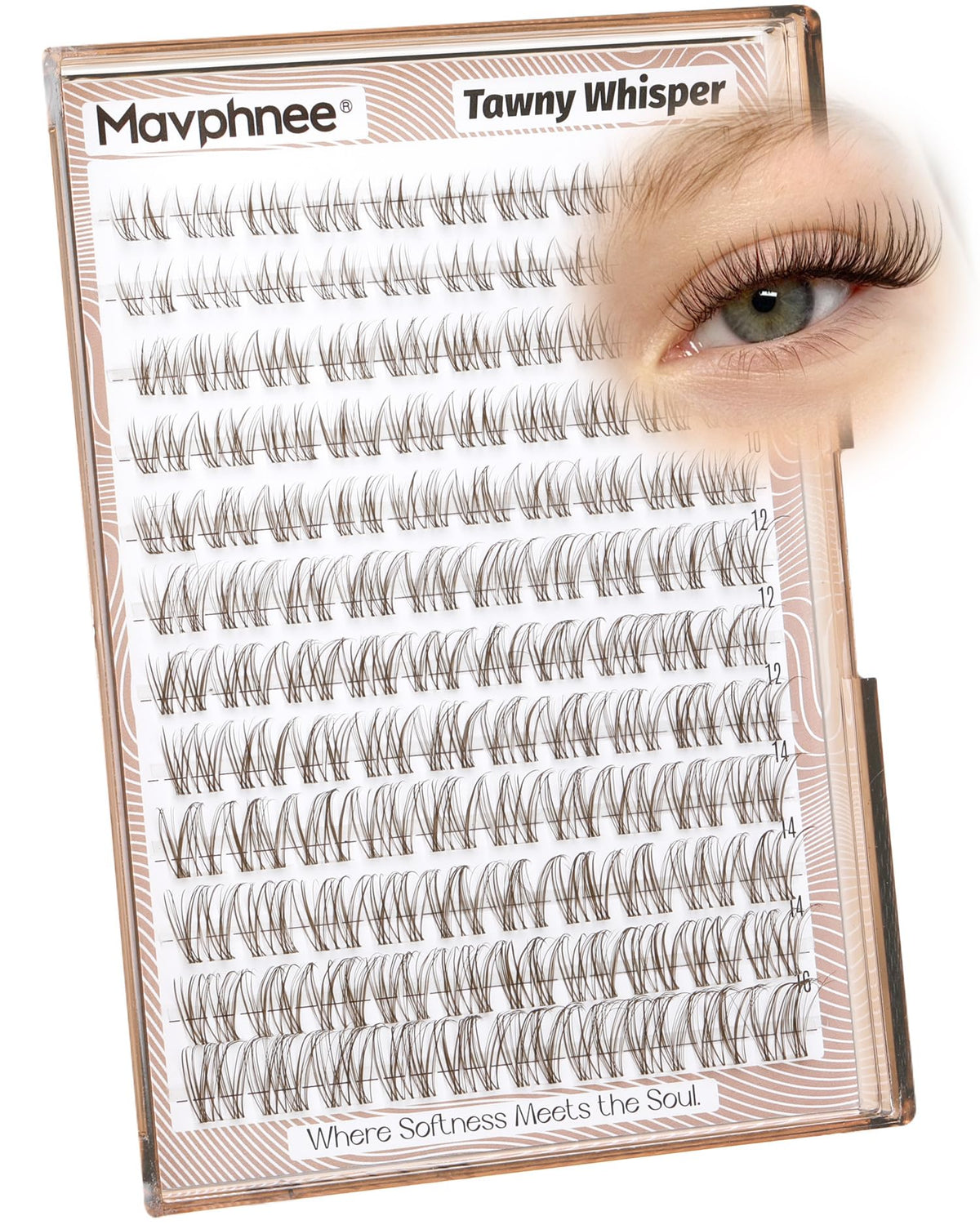 Mavphnee Venus brown lash clusters package shows natural color blend for subtle enhancement.