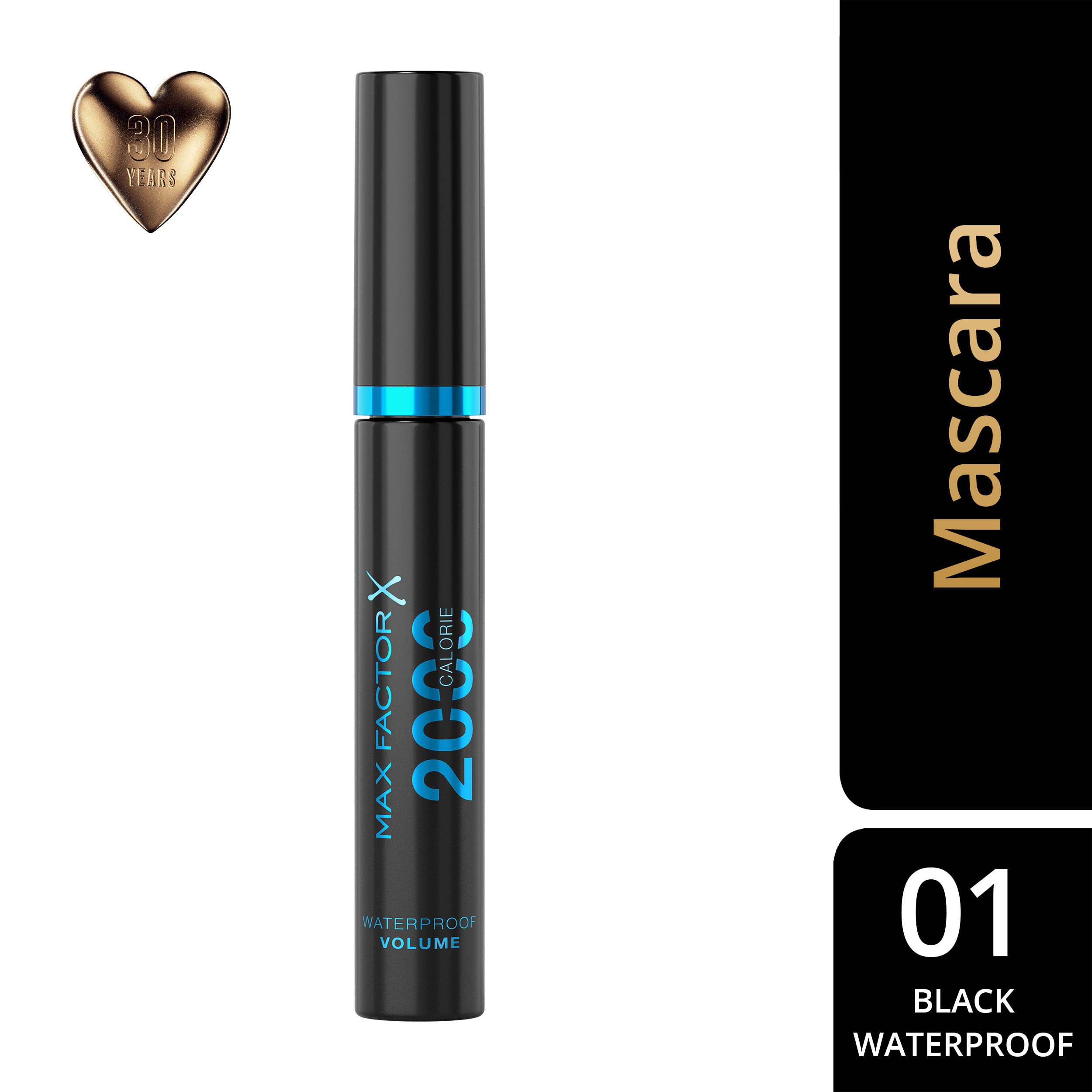 Max Factor 2000 Calorie Mascara Waterproof brush demonstrates volume-building wand for defined lashes