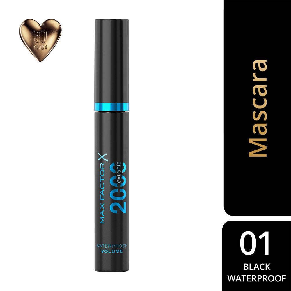 Max Factor 2000 Calorie Mascara Waterproof brush demonstrates volume-building wand for defined lashes