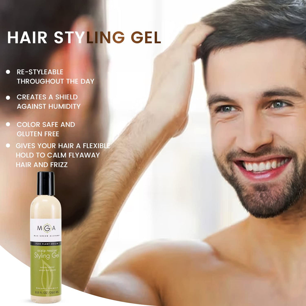 Max Green Alchemy lifestyle shot shows hair routine with Scalp Rescue gel