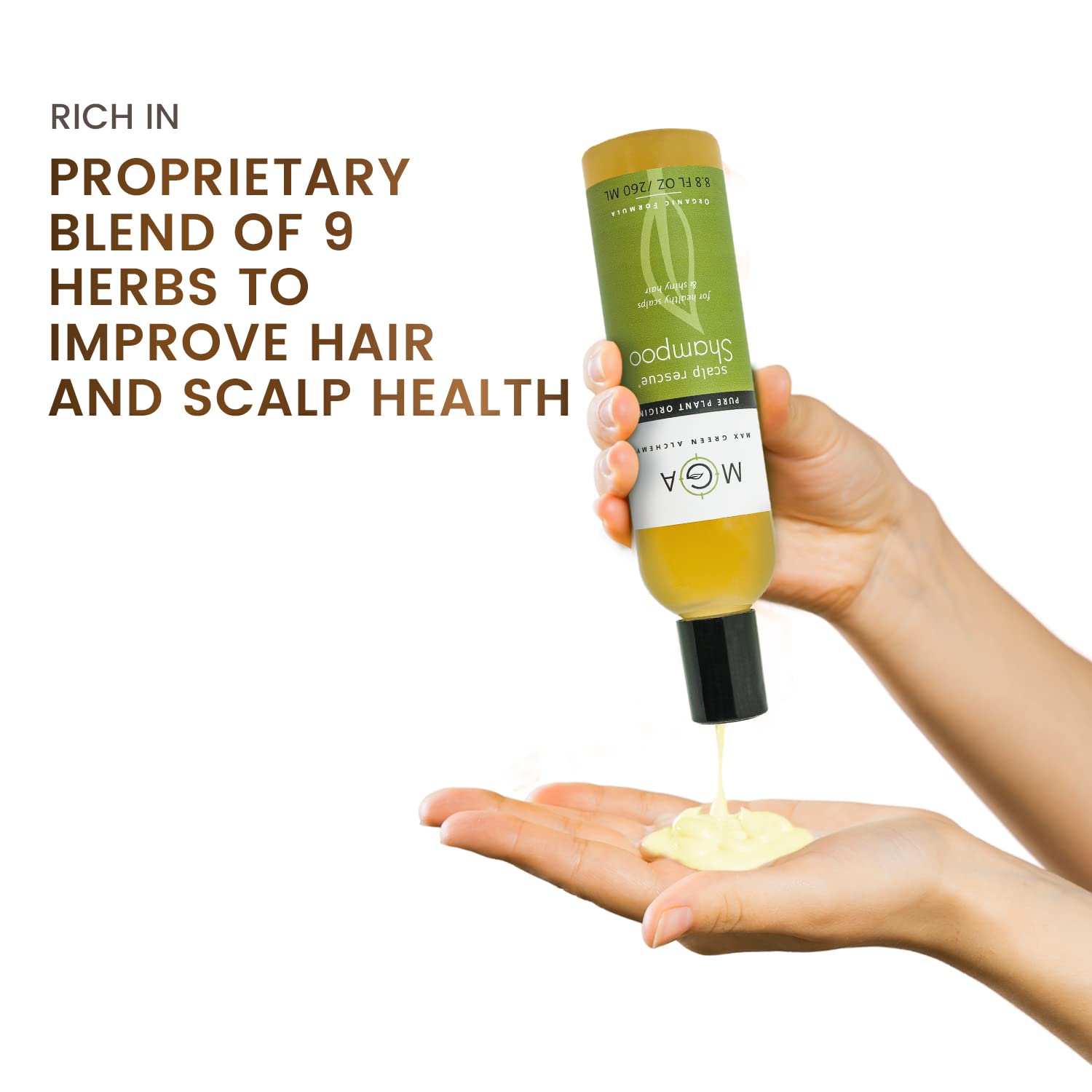Max Green Alchemy MGA Vegan Hair Shampoo ingredients panel showcases botanicals and vitamins