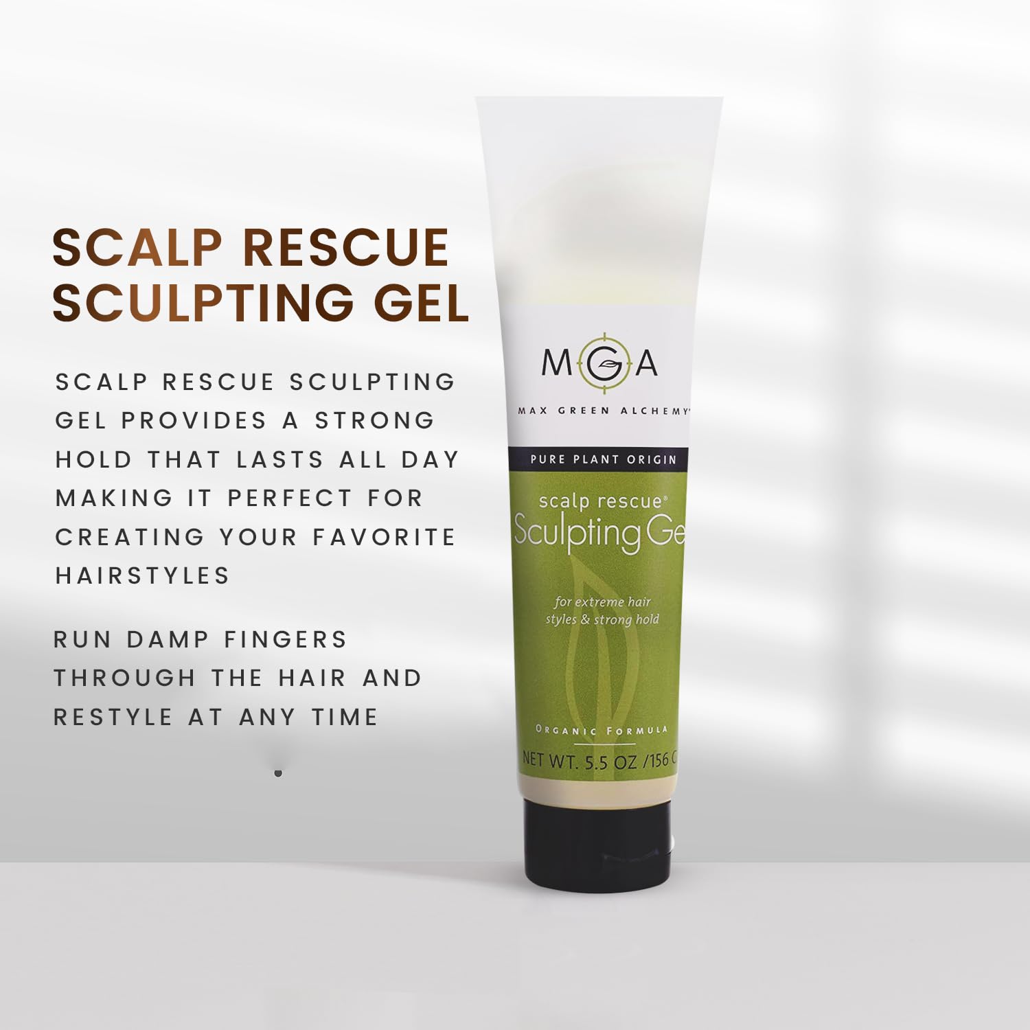 Max Green Alchemy MGA gel, eco-friendly packaging highlighting cruelty-free, gluten-free benefits.