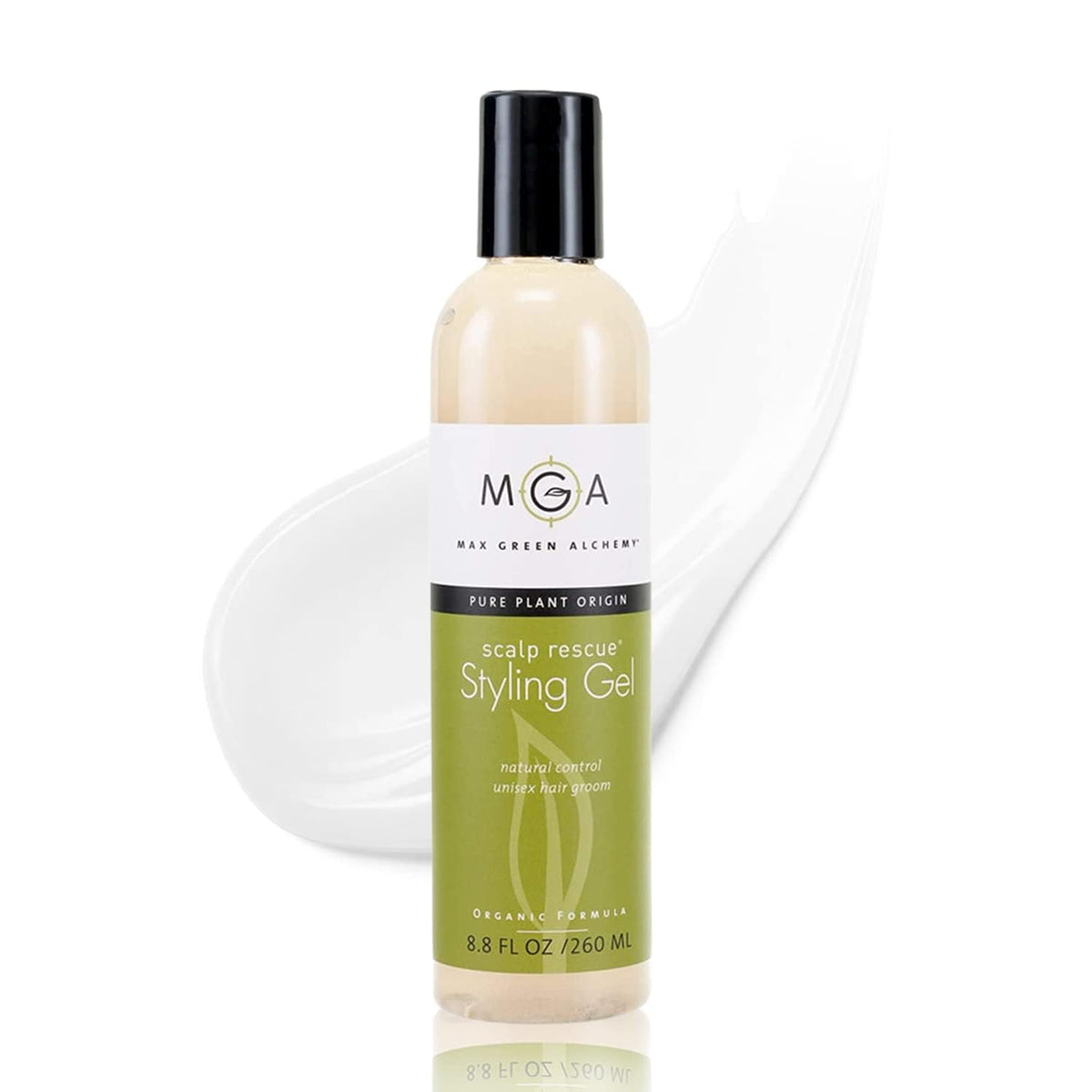 Max Green Alchemy Scalp Rescue Styling Gel bottle shows organic formula for flexible hold