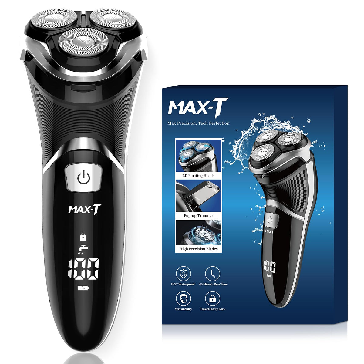 MAX-T men's electric shaver 3D head close-up shows contour adaptation for a smooth pass.