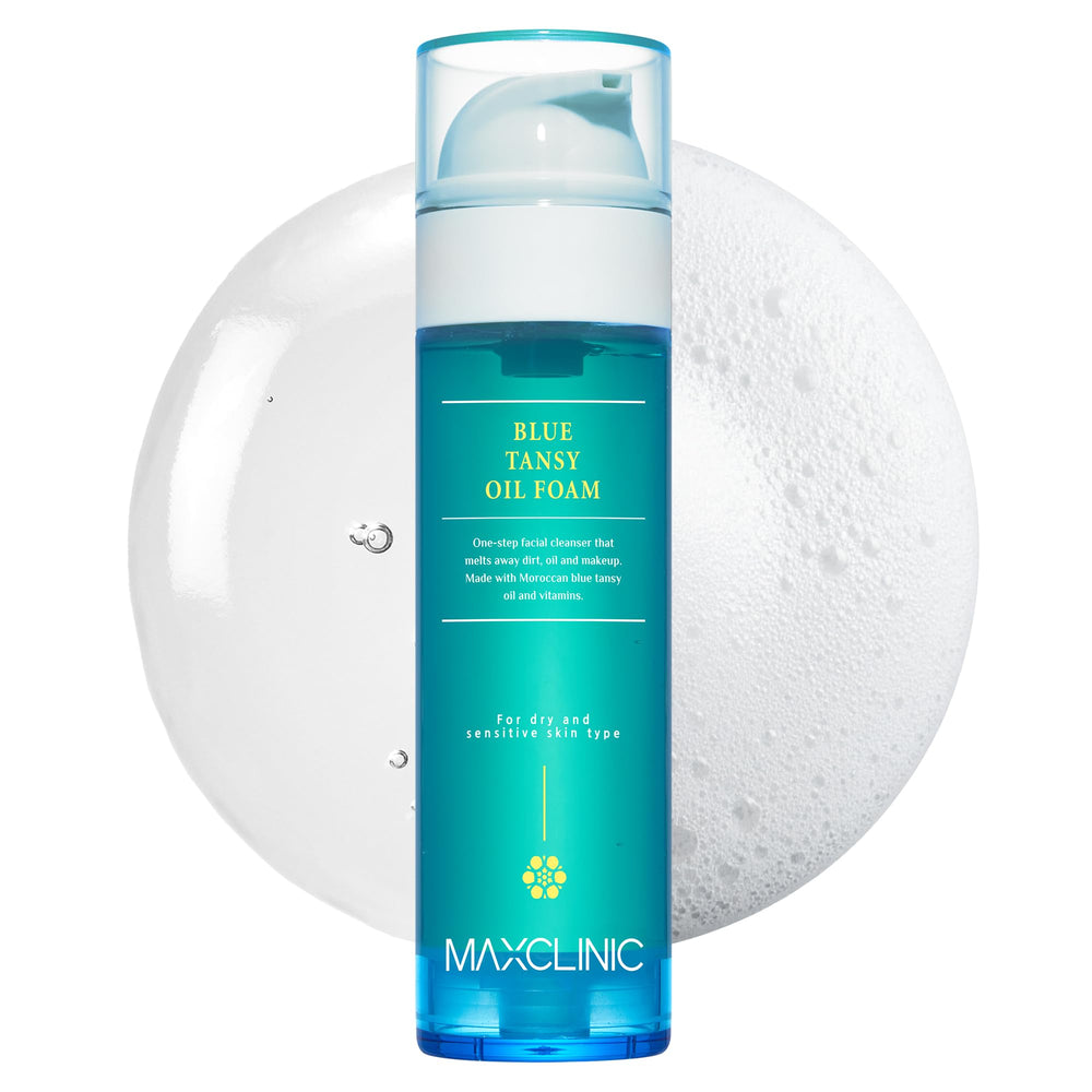 MAXCLINIC Blue Tansy Oil to Foam bottle pour for gentle makeup removal.