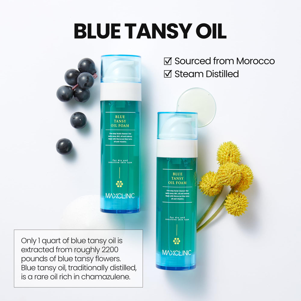 MAXCLINIC Blue Tansy Oil to Foam foam texture forms during water activation.