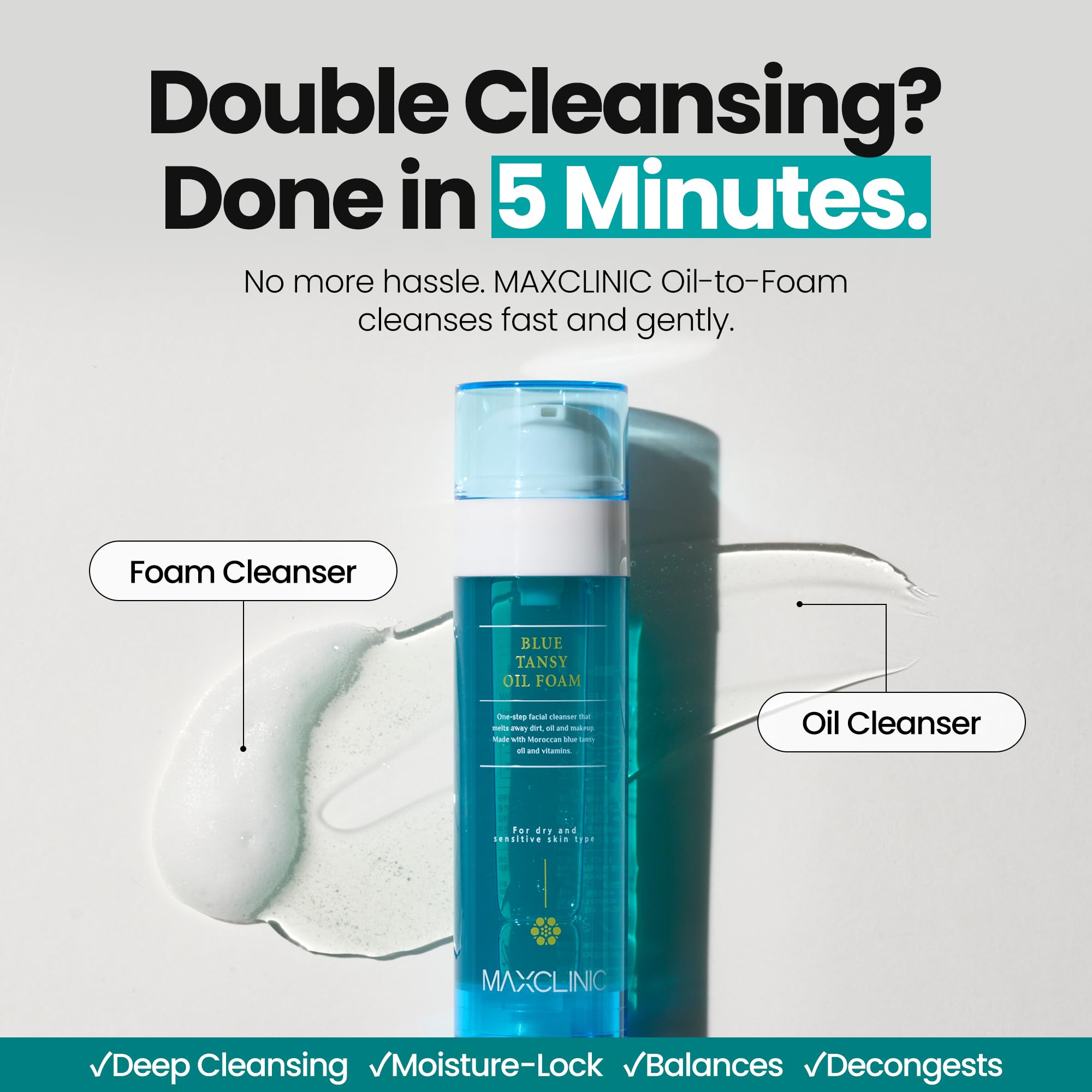 MAXCLINIC Blue Tansy Oil to Foam foaming action creates airy cleansing lather.