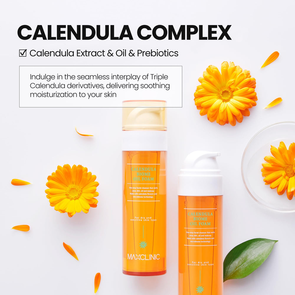MAXCLINIC Calendula Biome Oil to Foam bottle hero shows clean minimalist packaging