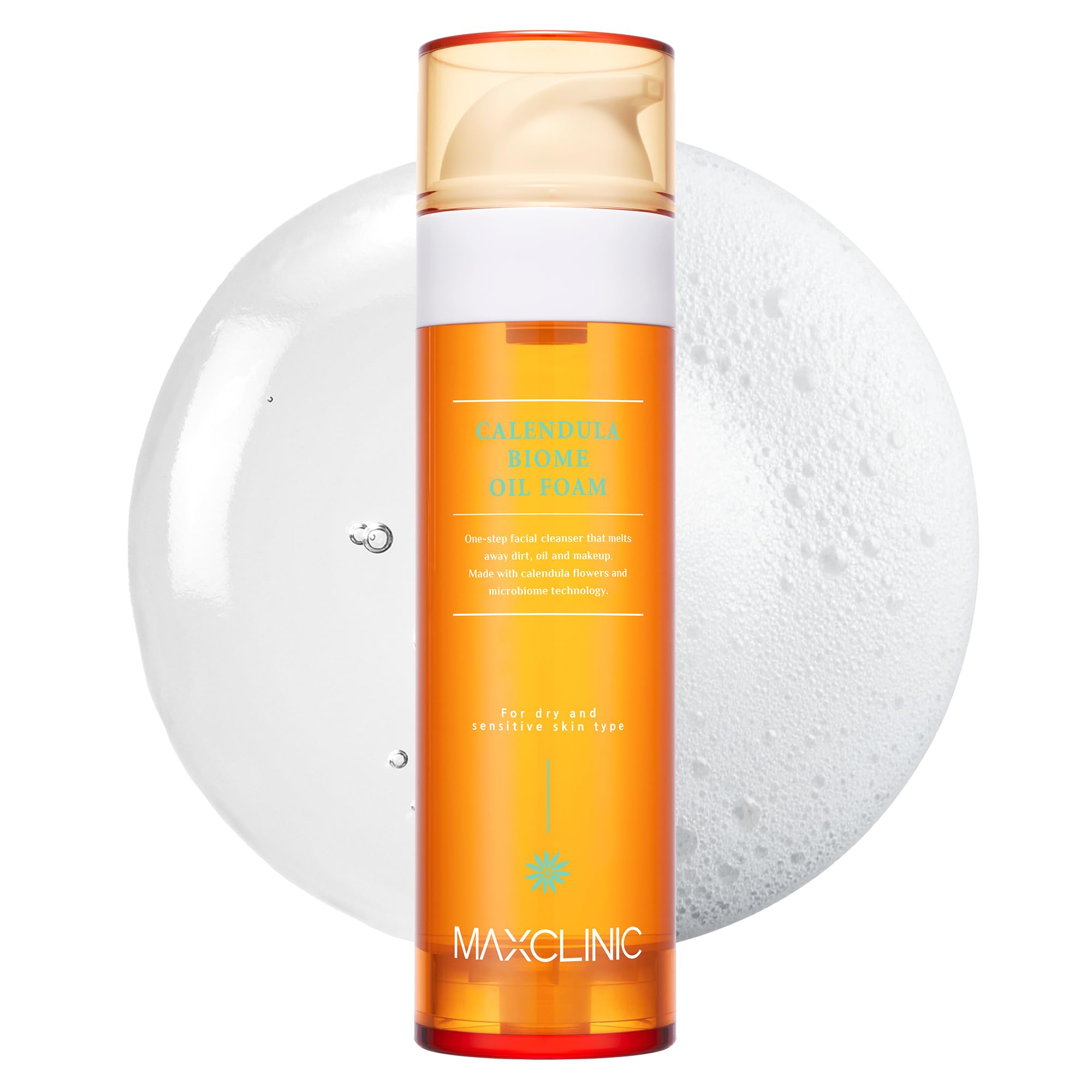 MAXCLINIC Calendula Biome Oil to Foam bottle setup showing all-in-one cleanser for makeup removal